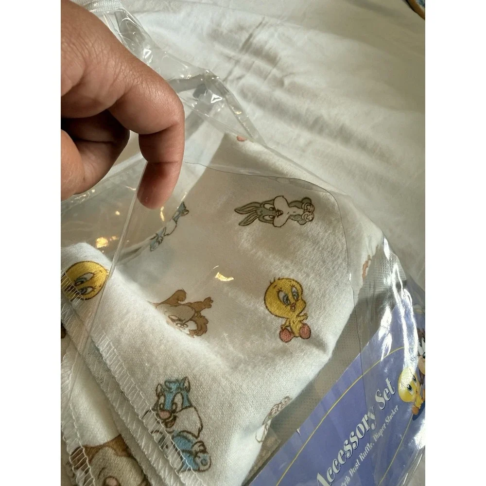 Vintage Y2K Baby Looney Tunes Patchwork Receiving Blanket & Crib Dust Ruffle Set